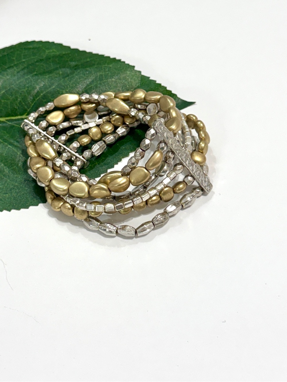 CHICO’S Gold & Silver Tone Multi Strand Beaded Statement Bracelet New